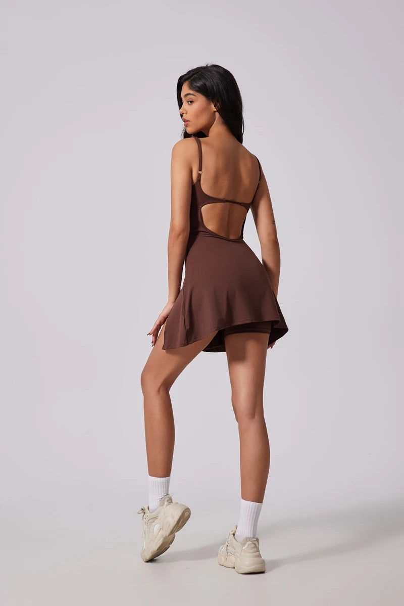 Women’s Sports Dress – Beautiful Back Yoga & Tennis Skirt with Removable Chest Cushion