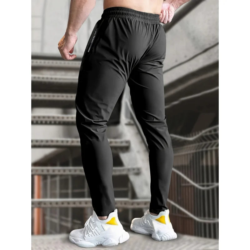 Men’s Ice Silk Stretch Sweatpants – Breathable Jogging Pants with Zipper Pockets