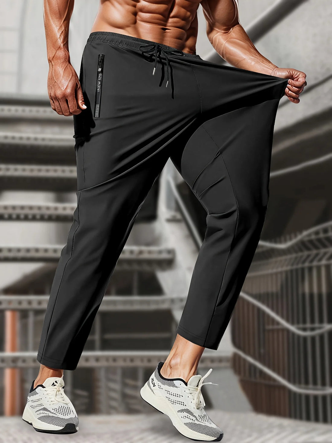 Men’s Ice Silk Stretch Sweatpants – Breathable Jogging Pants with Zipper Pockets