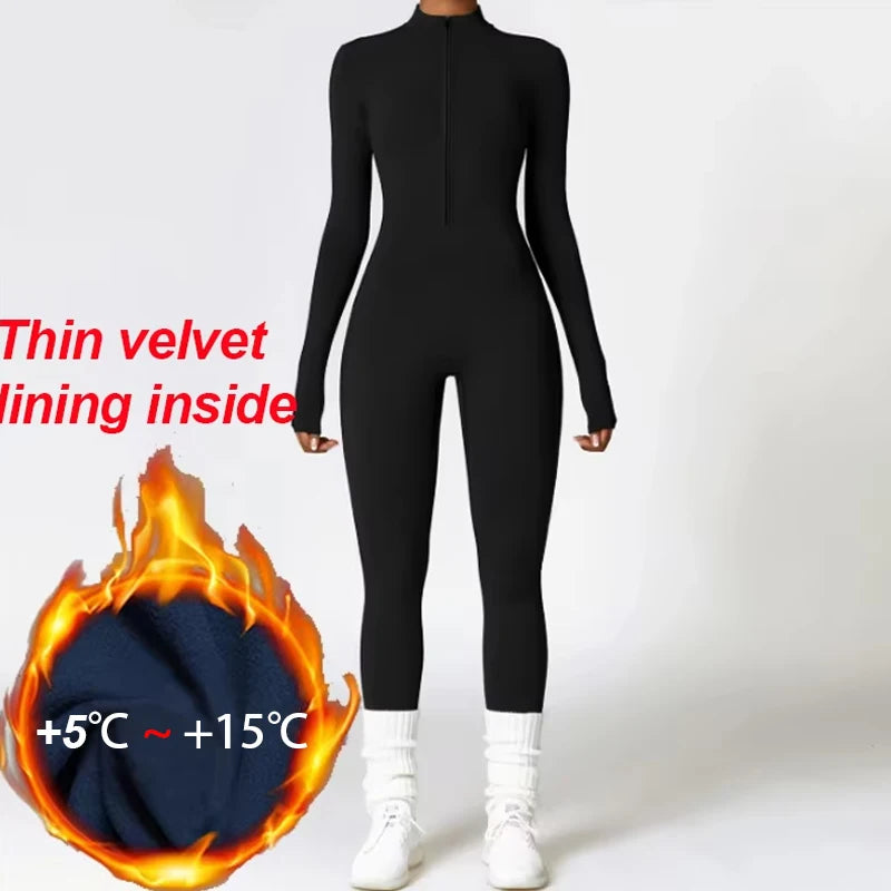 Women’s Winter Plush Yoga Jumpsuit – Fleece-Lined One-Piece Fitness Tracksuit