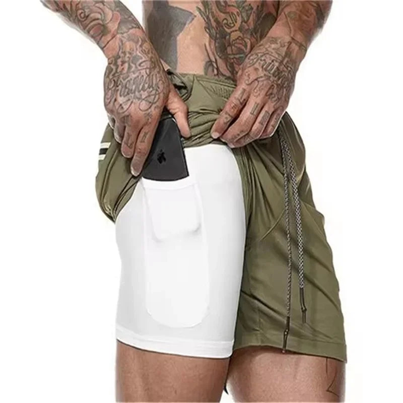 Men’s 2-in-1 Fitness Shorts – Quick-Dry Gym & Running Double-Layer Shorts with Pocket