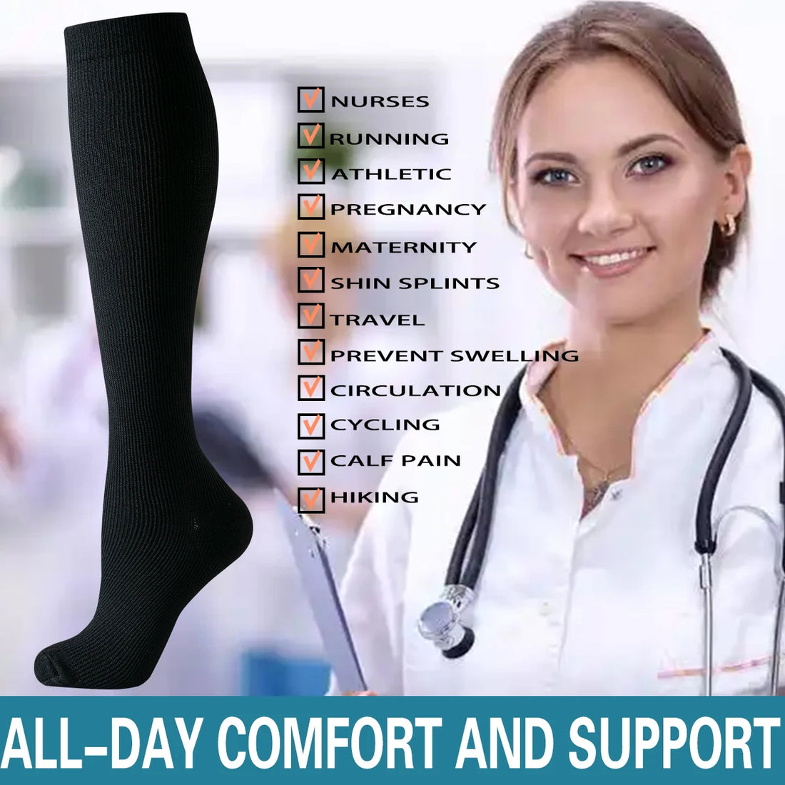 6 Pairs Compression Socks – Solid Color Nurse & Everyday Support Socks