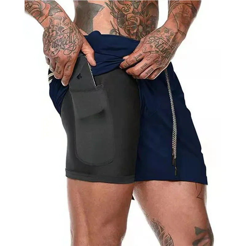 Men’s 2-in-1 Fitness Shorts – Quick-Dry Gym & Running Double-Layer Shorts with Pocket