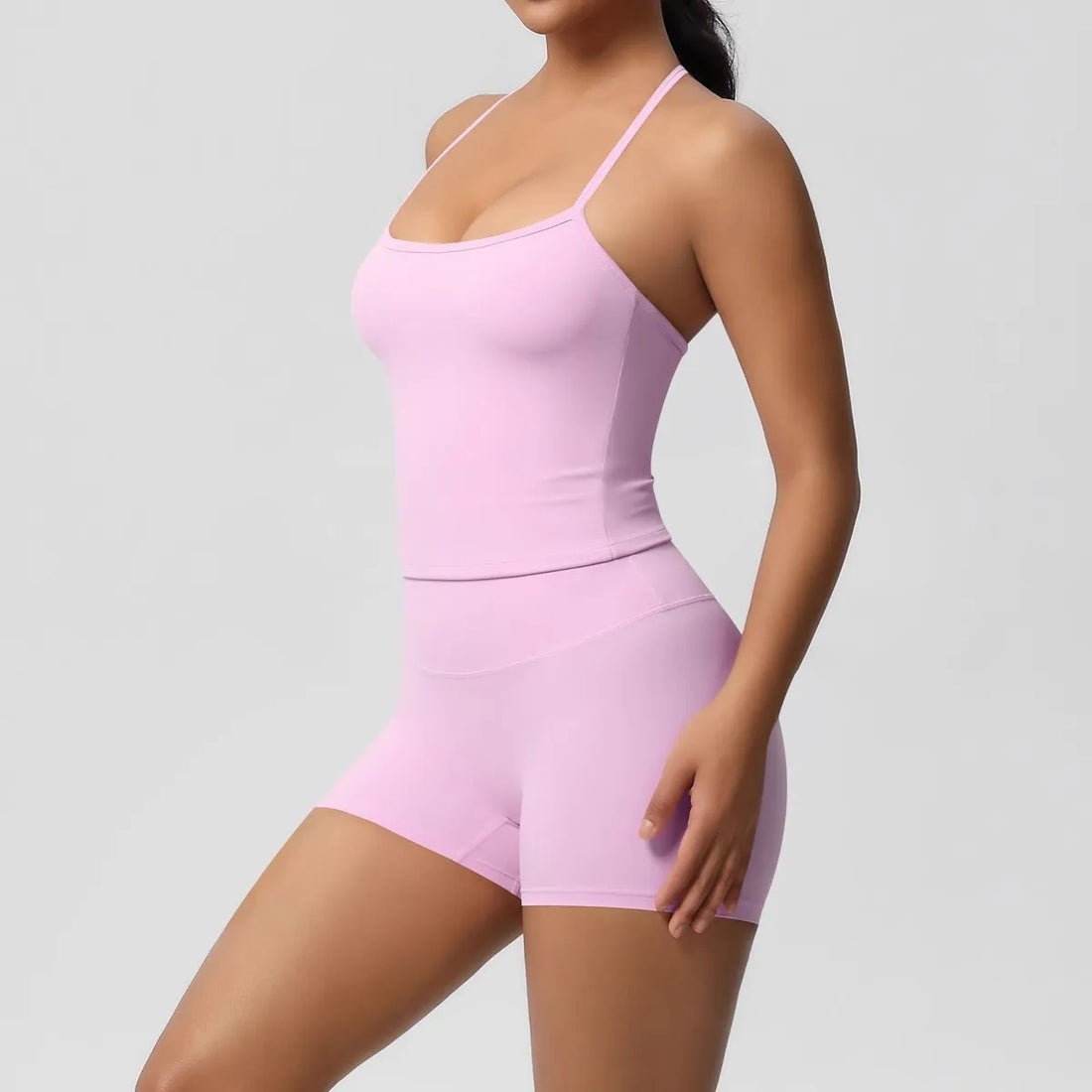 Women’s Yoga & Gym Halter Top Set – Seamless High-Waist Shorts & Backless Bra