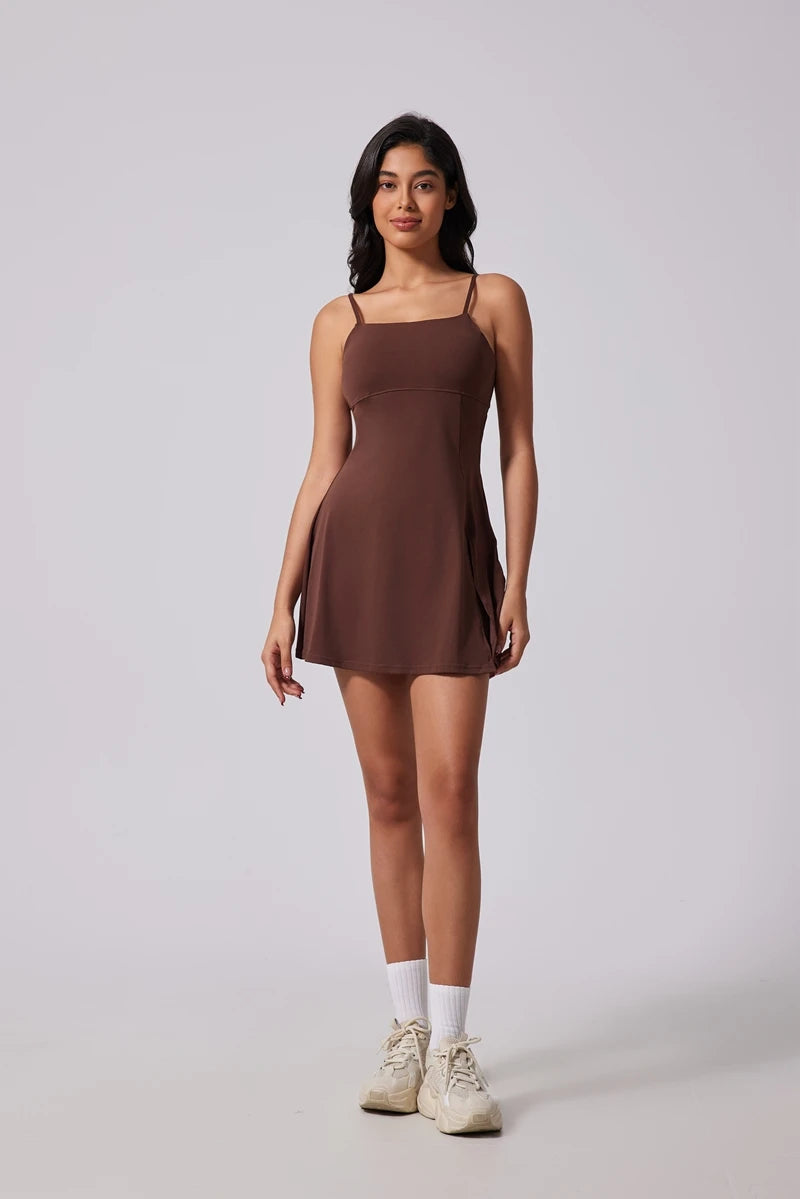 Women’s Sports Dress – Beautiful Back Yoga & Tennis Skirt with Removable Chest Cushion