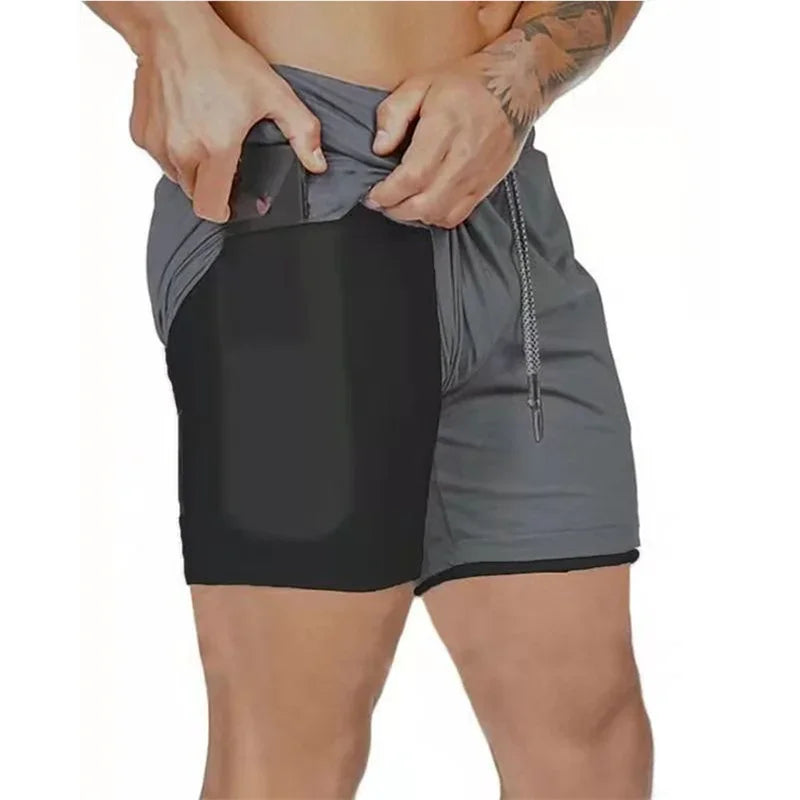 Men’s 2-in-1 Fitness Shorts – Quick-Dry Gym & Running Double-Layer Shorts with Pocket