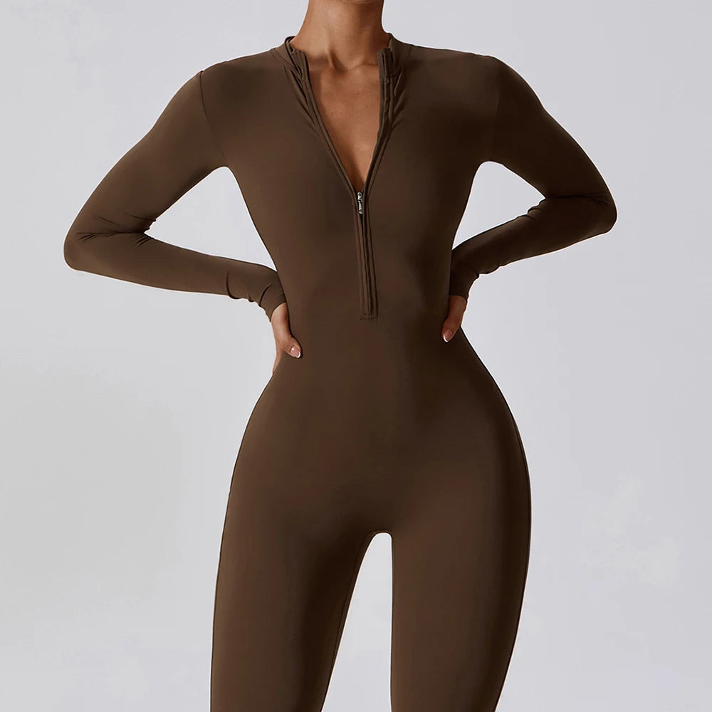 Women’s Long Sleeve Yoga Boilersuit – Skin-Tight One-Piece Gym Jumpsuit