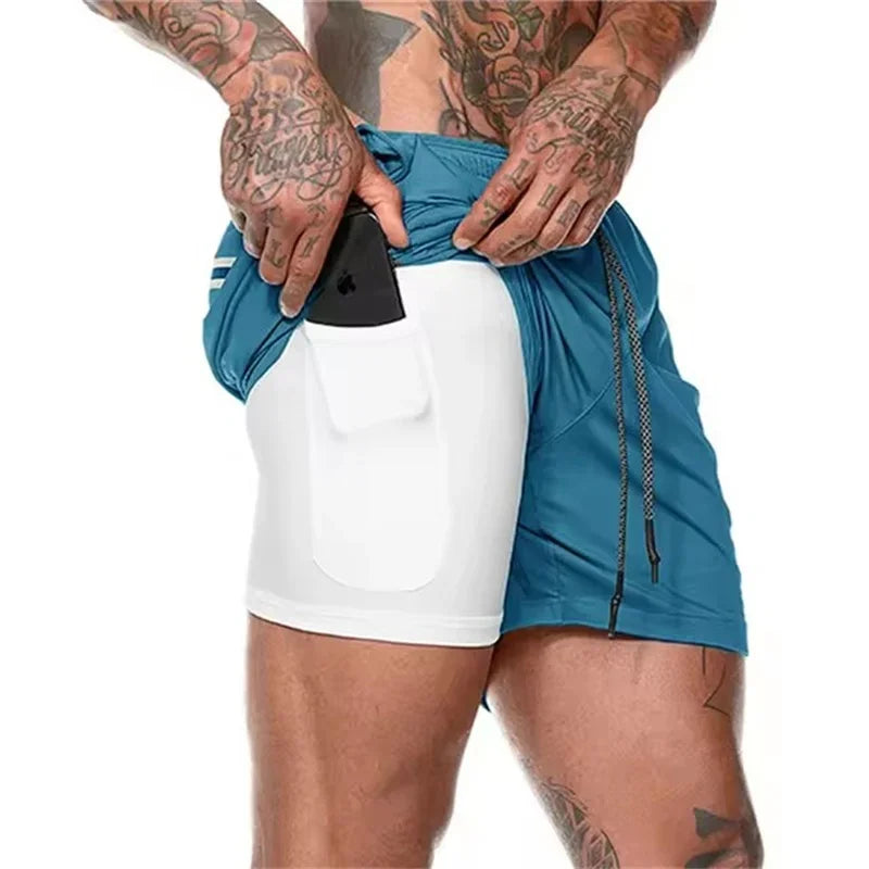 Men’s 2-in-1 Fitness Shorts – Quick-Dry Gym & Running Double-Layer Shorts with Pocket