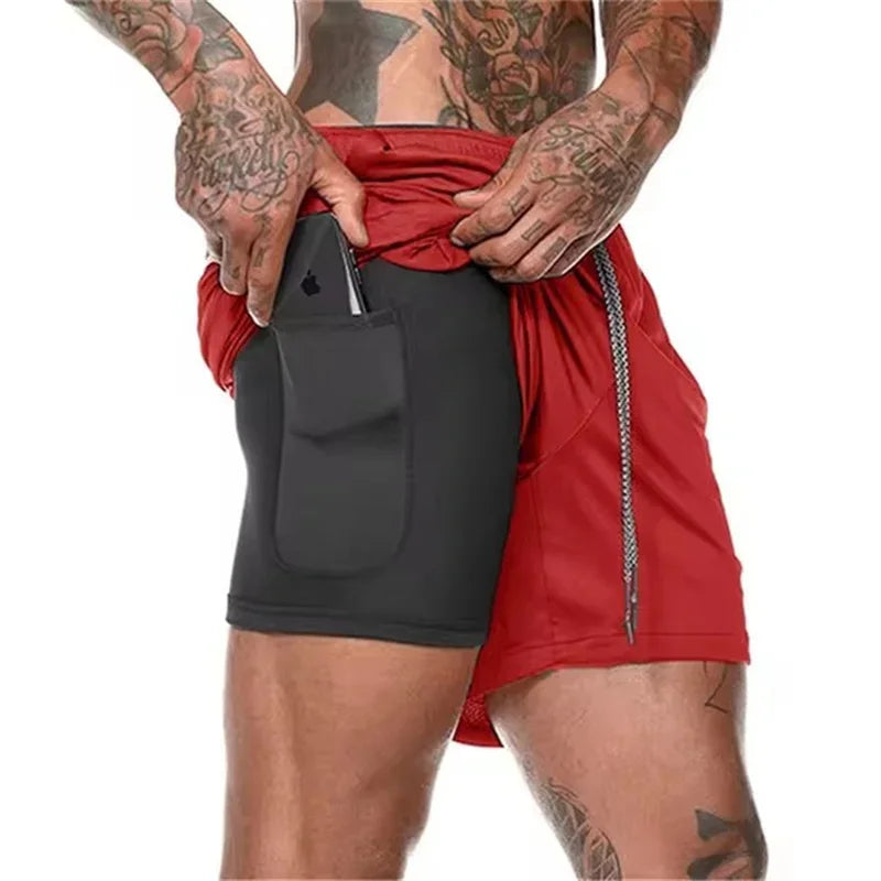 Men’s 2-in-1 Fitness Shorts – Quick-Dry Gym & Running Double-Layer Shorts with Pocket