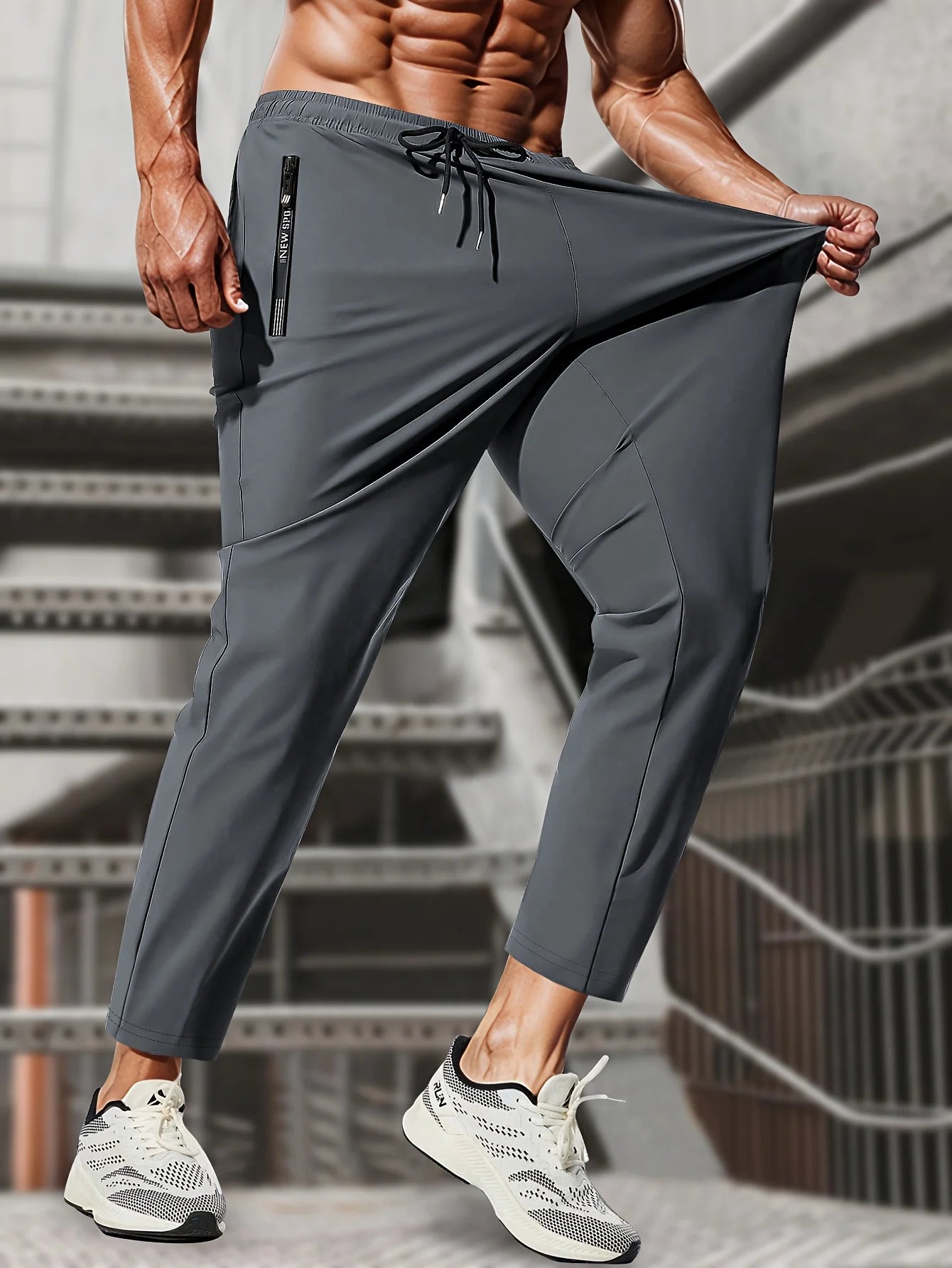 Men’s Ice Silk Stretch Sweatpants – Breathable Jogging Pants with Zipper Pockets