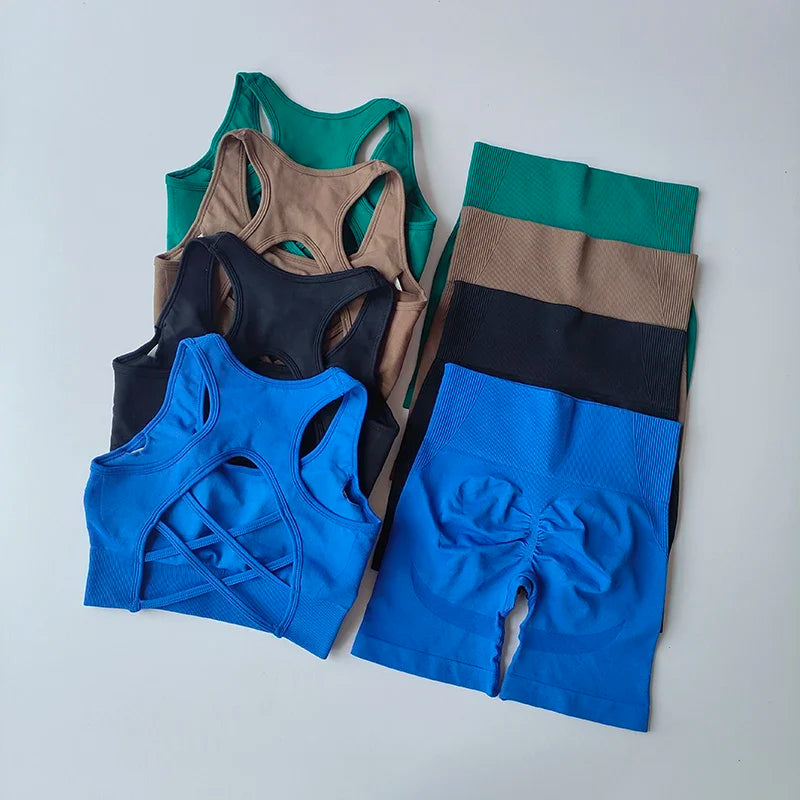 2PCS Women’s Seamless Yoga Set – Sport Bra & High-Waist Shorts