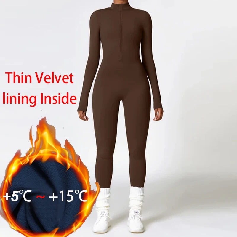 Women’s Winter Plush Yoga Jumpsuit – Fleece-Lined One-Piece Fitness Tracksuit