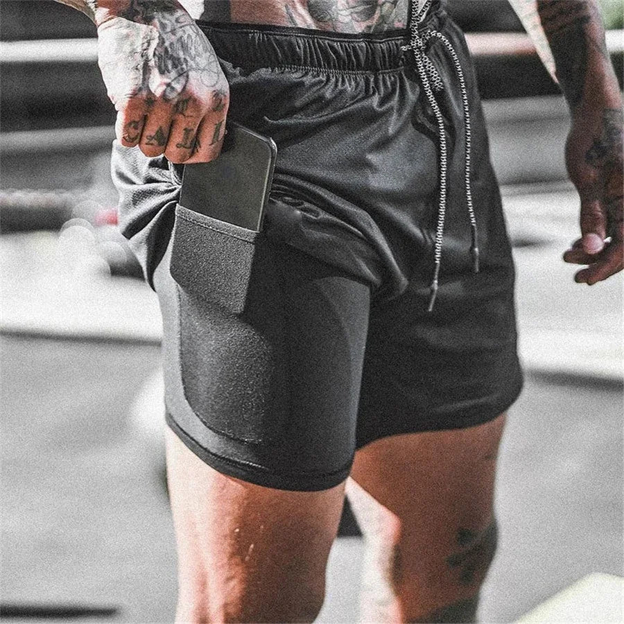 Men’s 2-in-1 Fitness Shorts – Quick-Dry Gym & Running Double-Layer Shorts with Pocket
