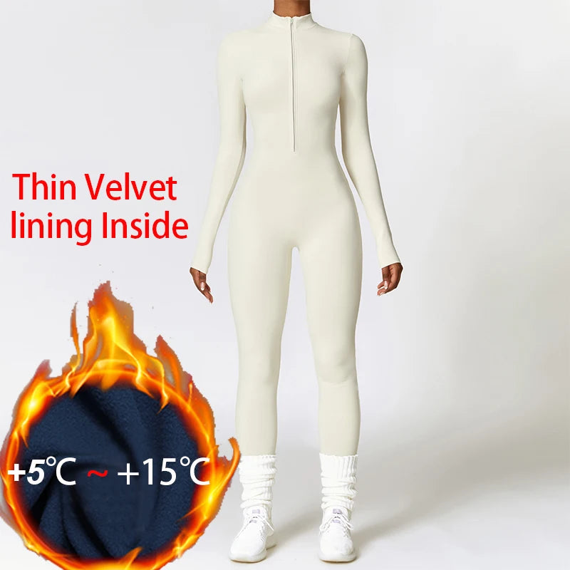 Women’s Winter Plush Yoga Jumpsuit – Fleece-Lined One-Piece Fitness Tracksuit