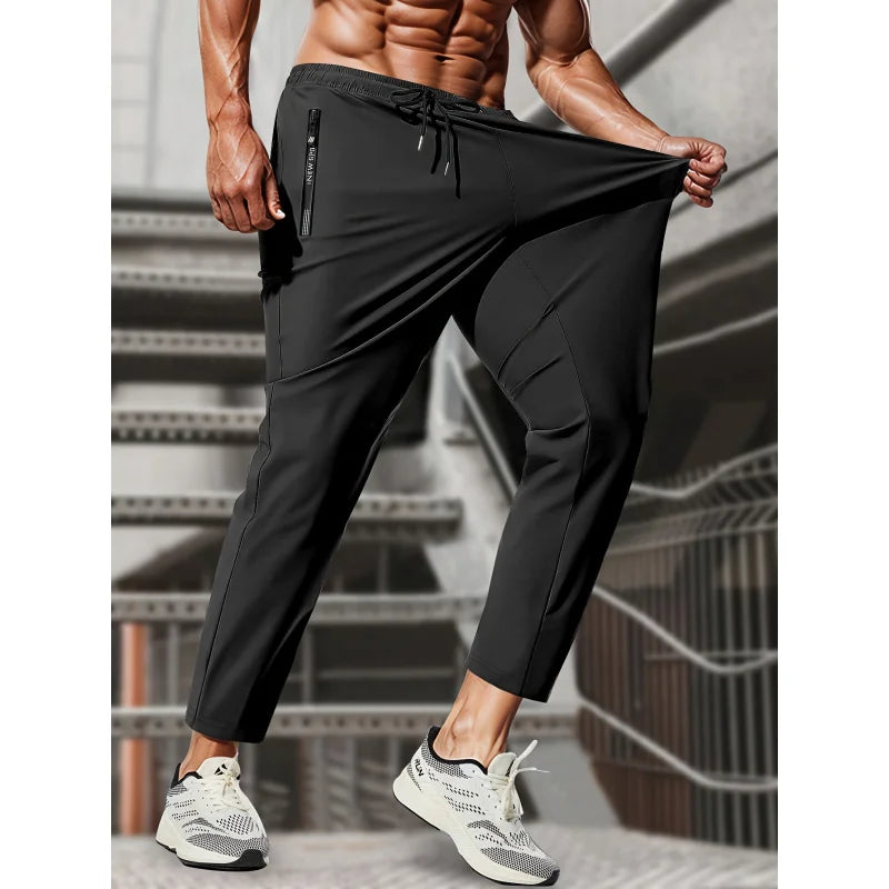 Men’s Ice Silk Stretch Sweatpants – Breathable Jogging Pants with Zipper Pockets
