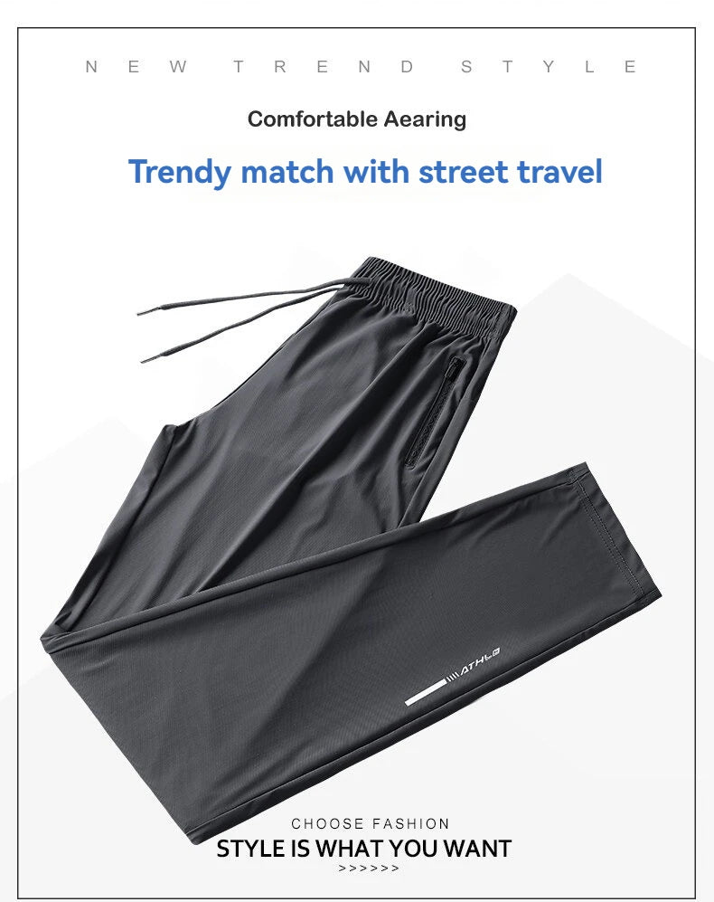 Men’s Ice Silk Summer Pants – Slim Fit Quick-Dry Casual & Running Trousers