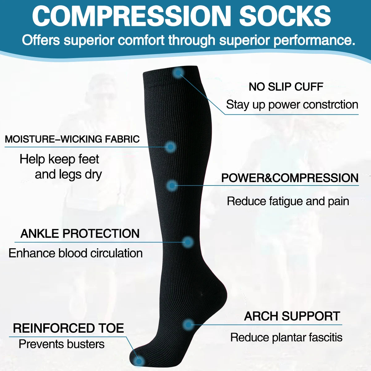 6 Pairs Compression Socks – Solid Color Nurse & Everyday Support Socks