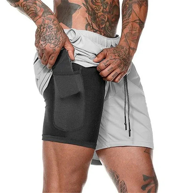 Men’s 2-in-1 Fitness Shorts – Quick-Dry Gym & Running Double-Layer Shorts with Pocket