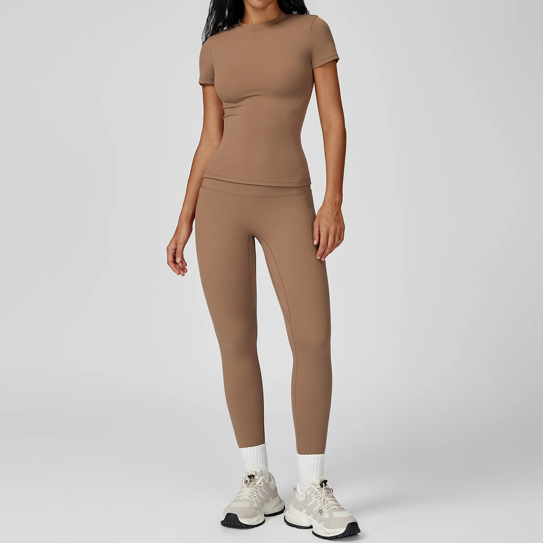 Women’s 2PCS Yoga & Workout Set – Long Sleeve Top & High-Waist Leggings/Shorts