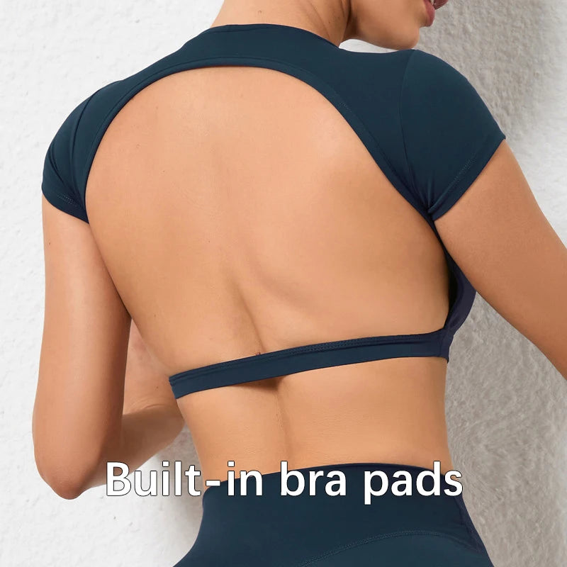 Women’s Backless Sports Crop Top – Breathable Fitness & Workout Shirt