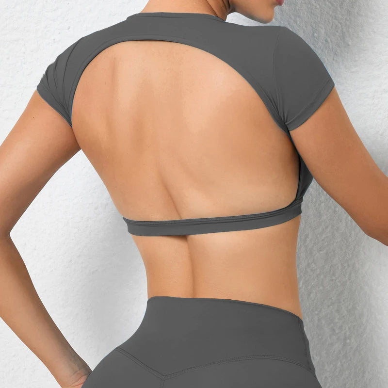 Women’s Backless Sports Crop Top – Breathable Fitness & Workout Shirt