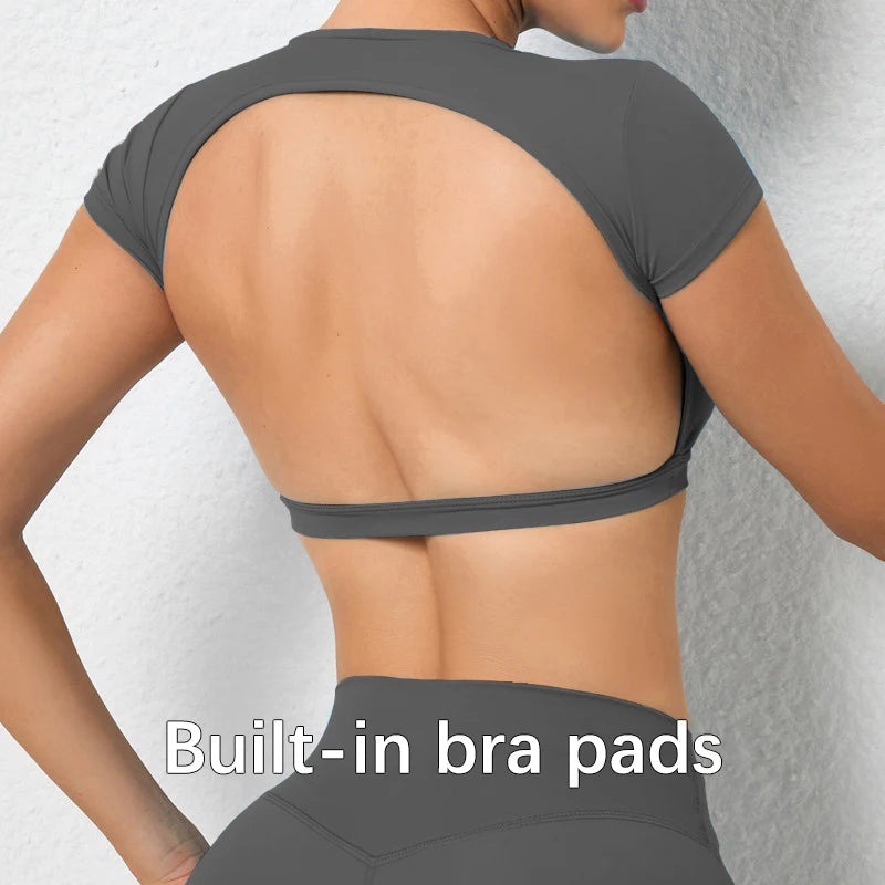 Women’s Backless Sports Crop Top – Breathable Fitness & Workout Shirt