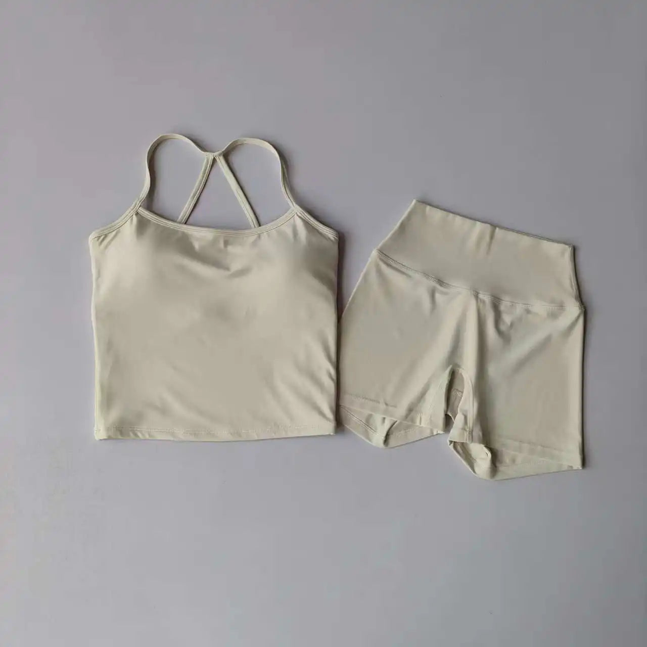 Women’s Yoga & Gym Halter Top Set – Seamless High-Waist Shorts & Backless Bra