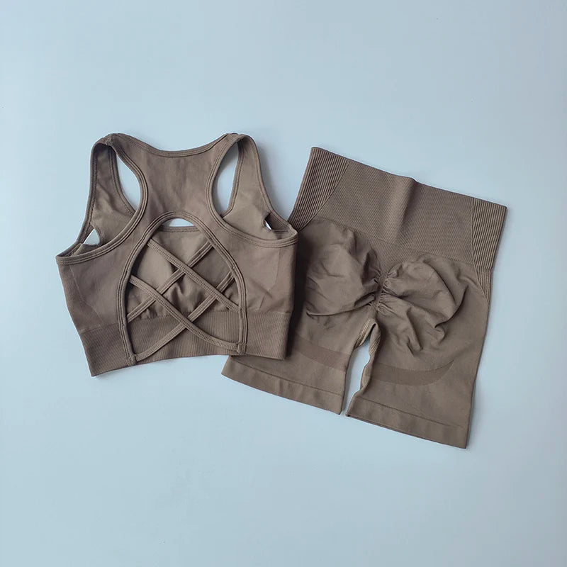 2PCS Women’s Seamless Yoga Set – Sport Bra & High-Waist Shorts