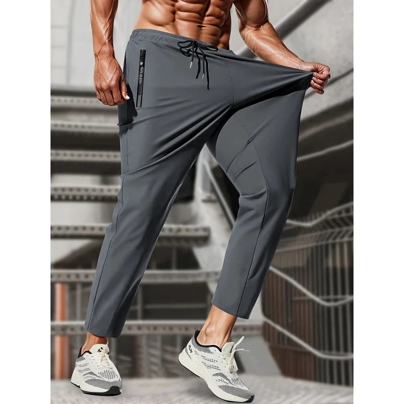 Men’s Ice Silk Stretch Sweatpants – Breathable Jogging Pants with Zipper Pockets