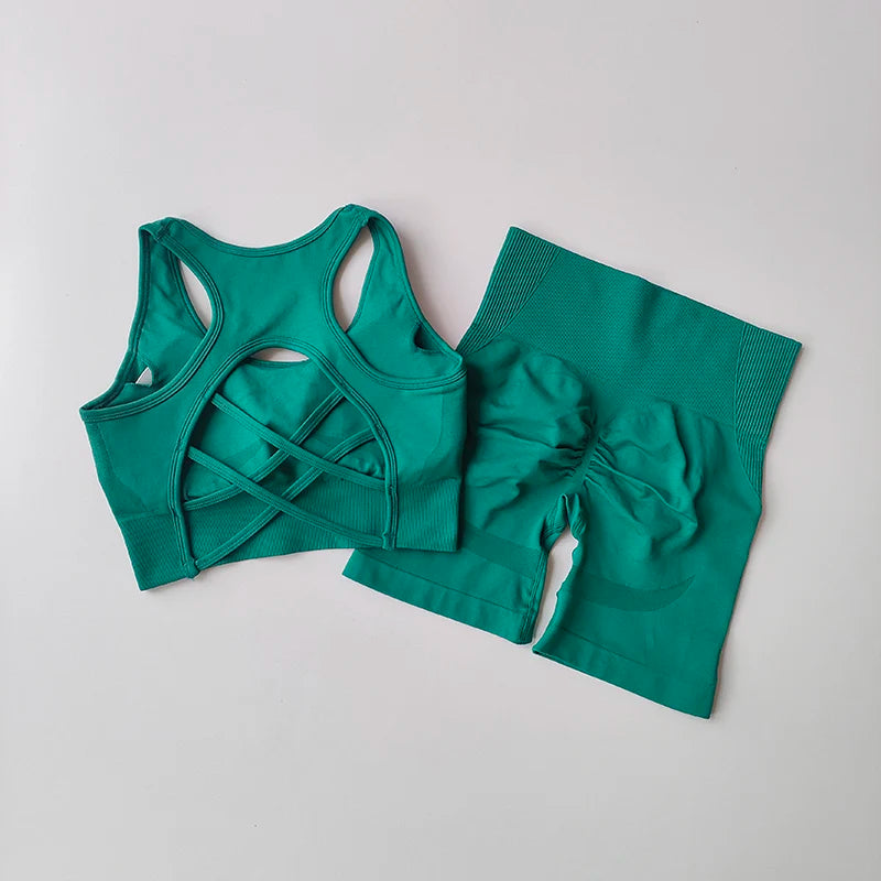 2PCS Women’s Seamless Yoga Set – Sport Bra & High-Waist Shorts